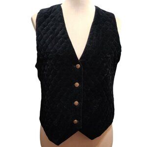 Vintage Talbots M Petite Black Velvet Vest Quilted Front Gold Button Plaid Lined